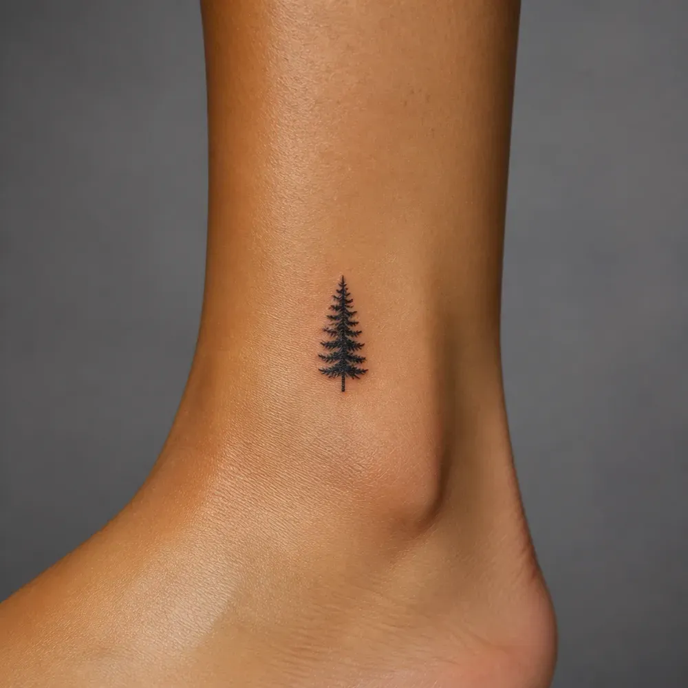 A small black pine tree tattooed just above the ankle bone on medium brown skin.