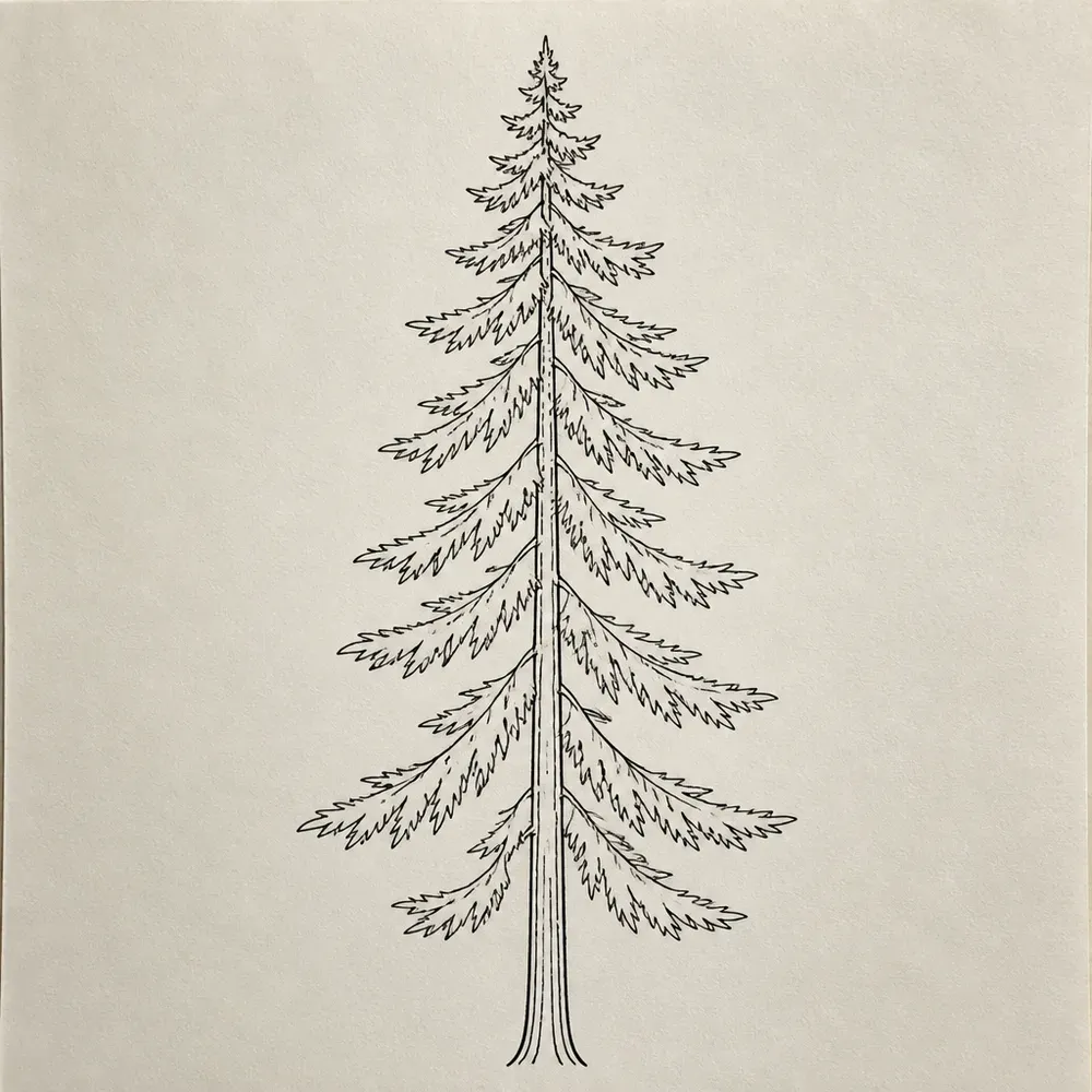 A tall pine tree drawn in fine black line, layered drooping branches on a straight trunk.