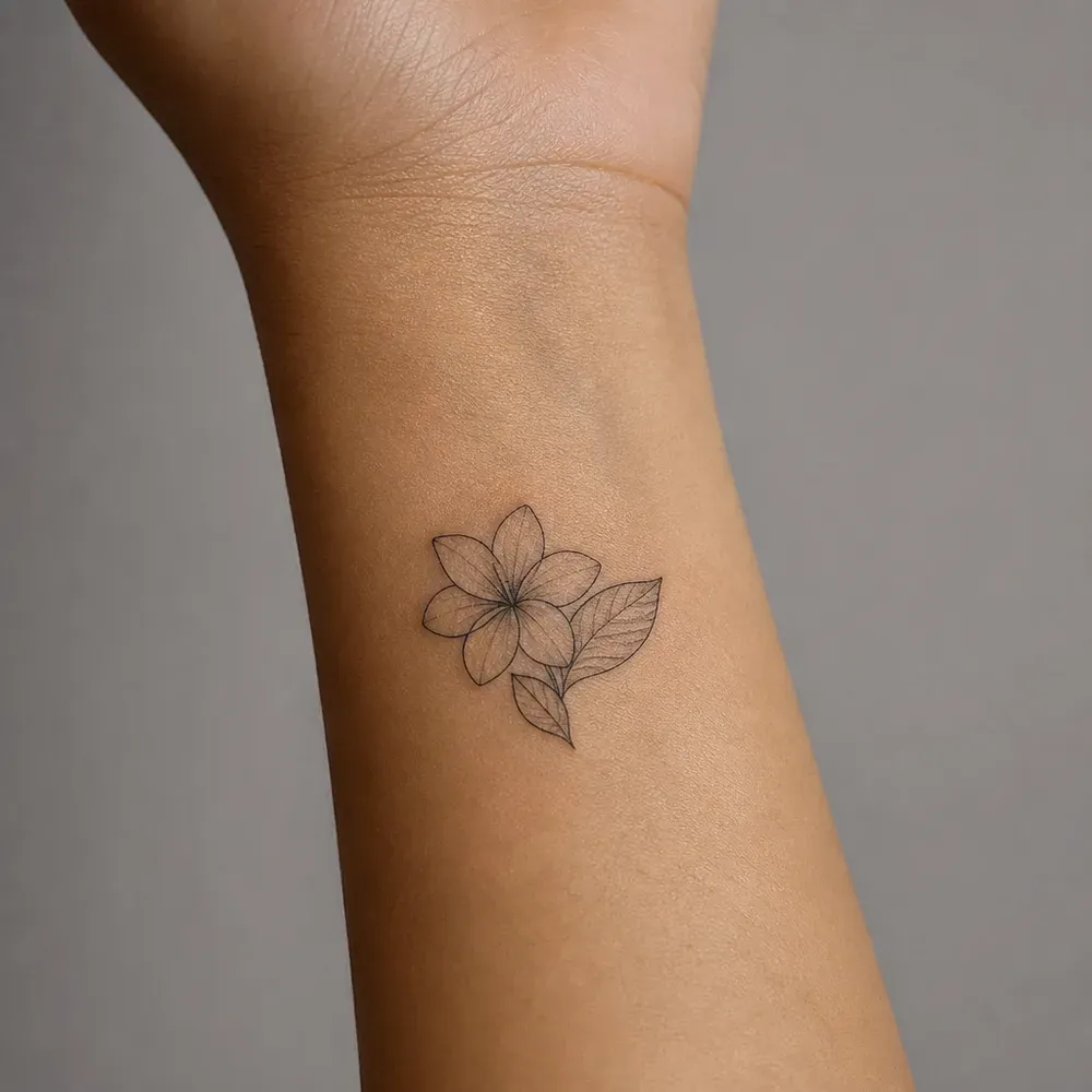 A small fine-line flower with two leaves tattooed on the inner wrist of light tan skin.
