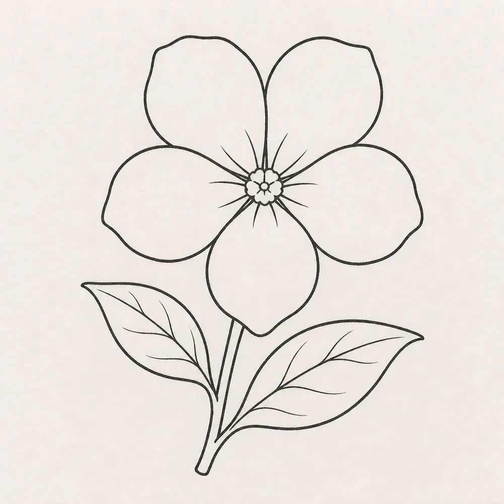 A sampaguita flower with five rounded petals on a short stem with two veined leaves, in black outline.