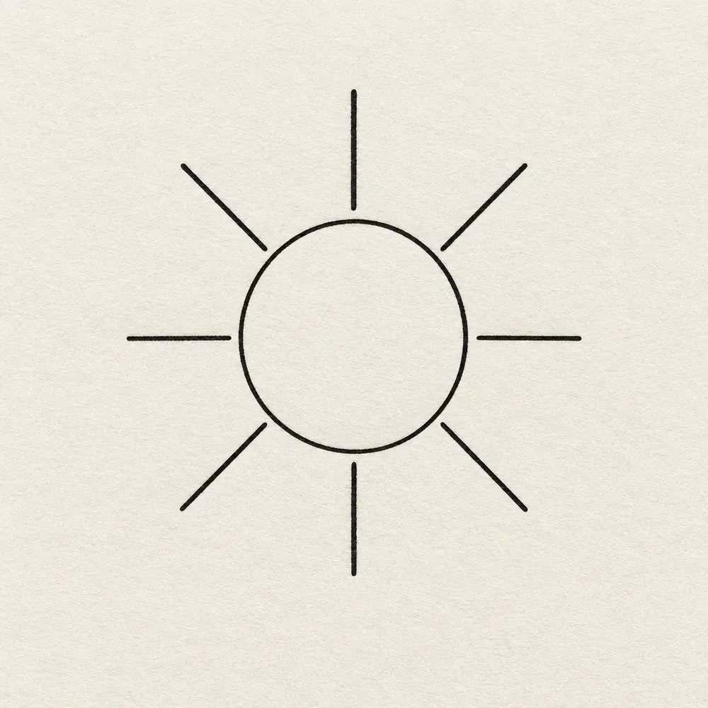 A plain circle with eight straight rays spaced evenly around it.