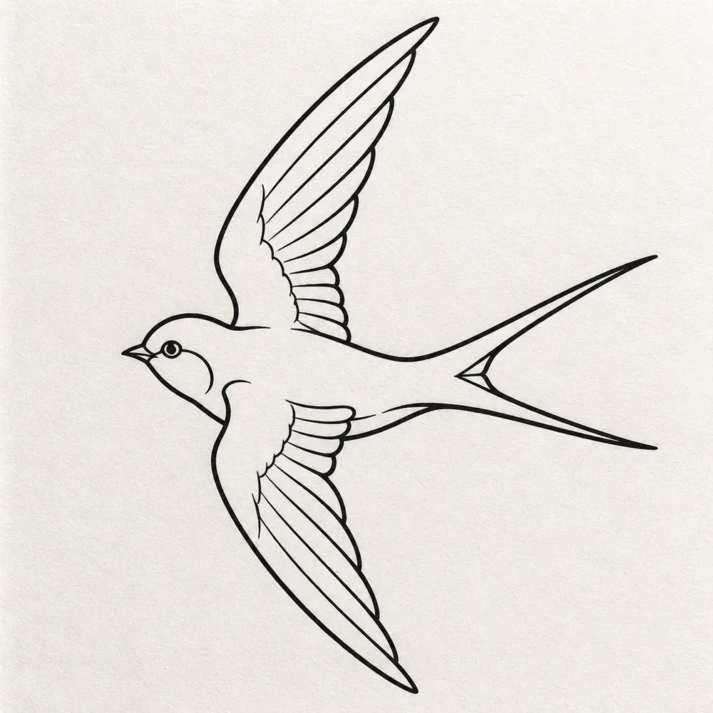 A swallow in flight drawn in black outline, wings swept back with fine feather lines and a long forked tail.