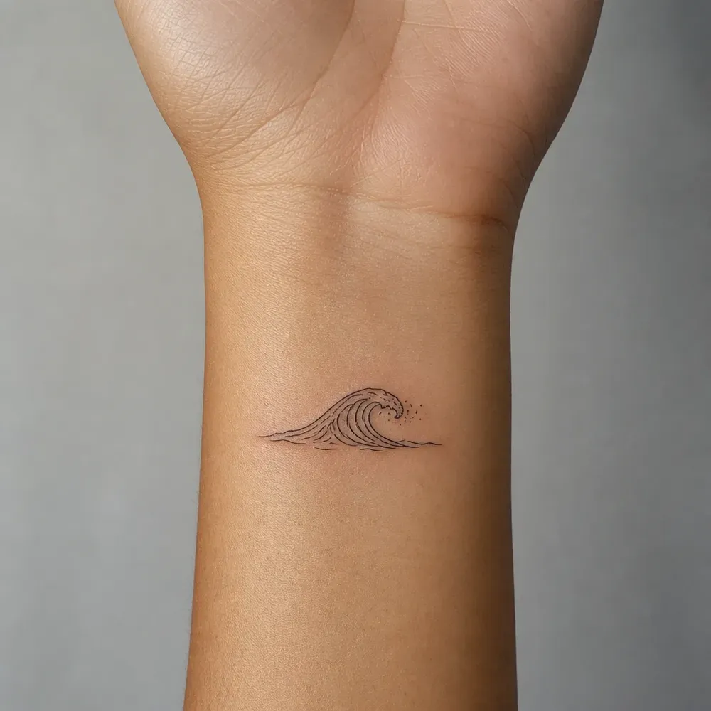 A small fine-line curling wave tattooed on the inner wrist of light warm tan Filipino skin.