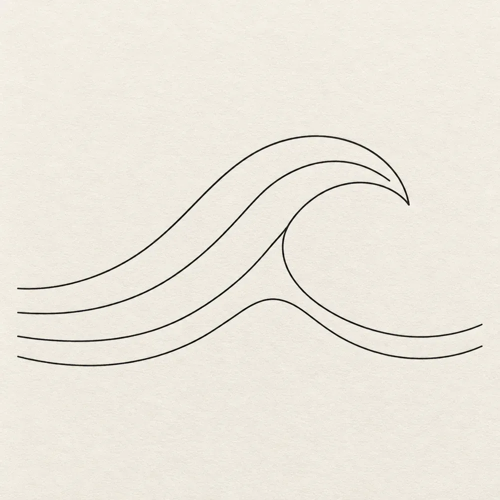 A wave drawn as four clean parallel curves, the topmost one turning over at its tip.
