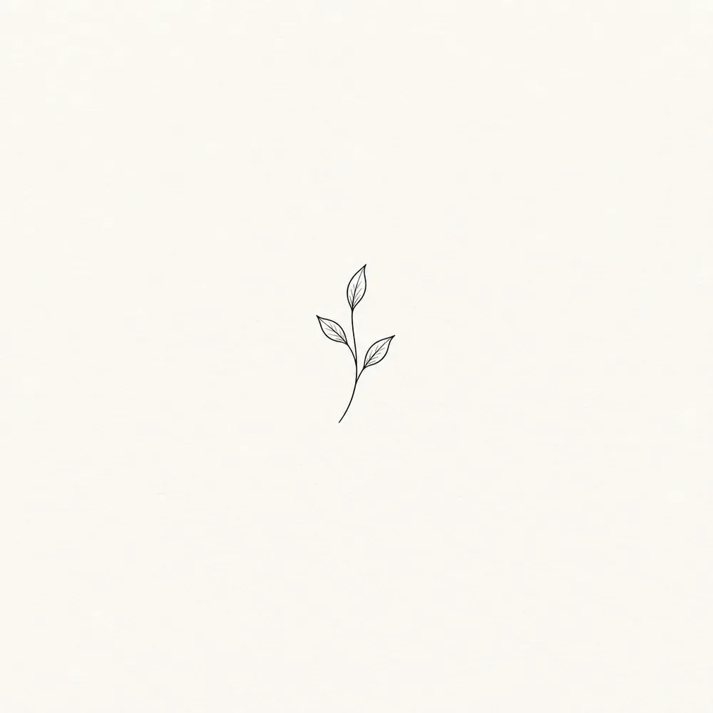 A very small sprig of three pointed leaves on a slender curving stem, drawn in a single fine line with no shading.