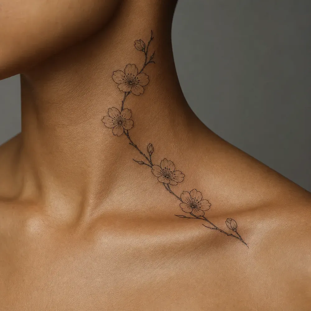 A fine-line cherry branch tattooed from the collarbone up the side of the neck on olive skin, four open blossoms and small buds along it.