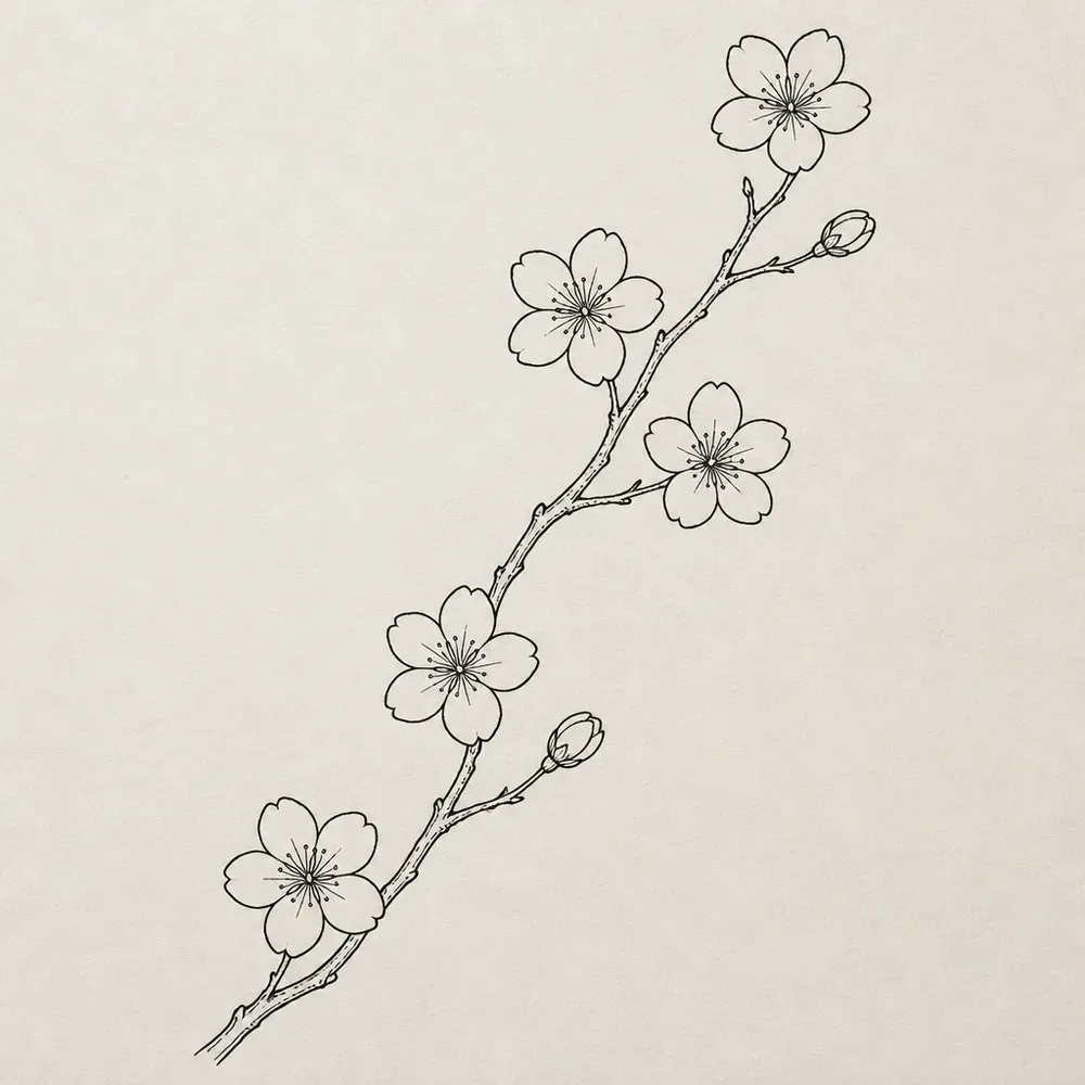 A slender cherry branch rising diagonally from the lower left, five open five-petal blossoms and two closed buds along it, in fine black line.