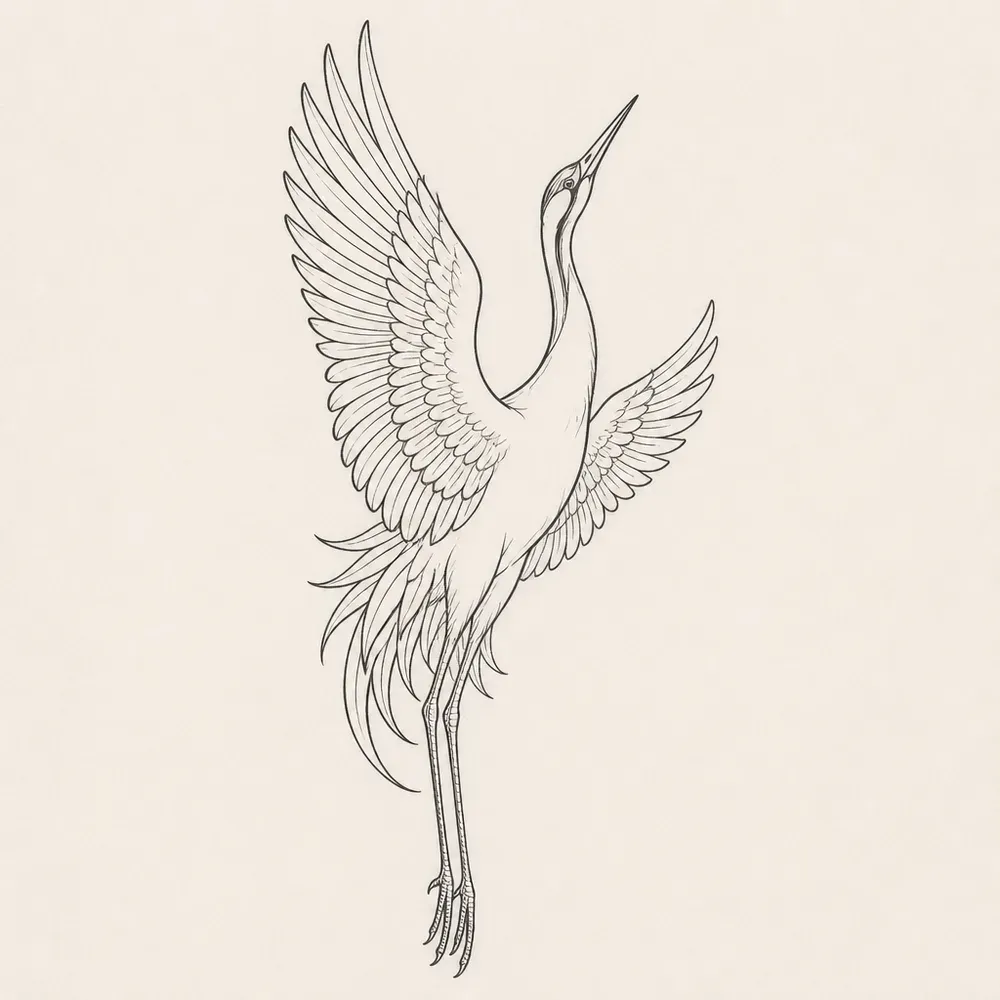 A crane in flight in fine black line, long neck stretched straight up, both wings raised with layered feathers and long thin legs trailing below.