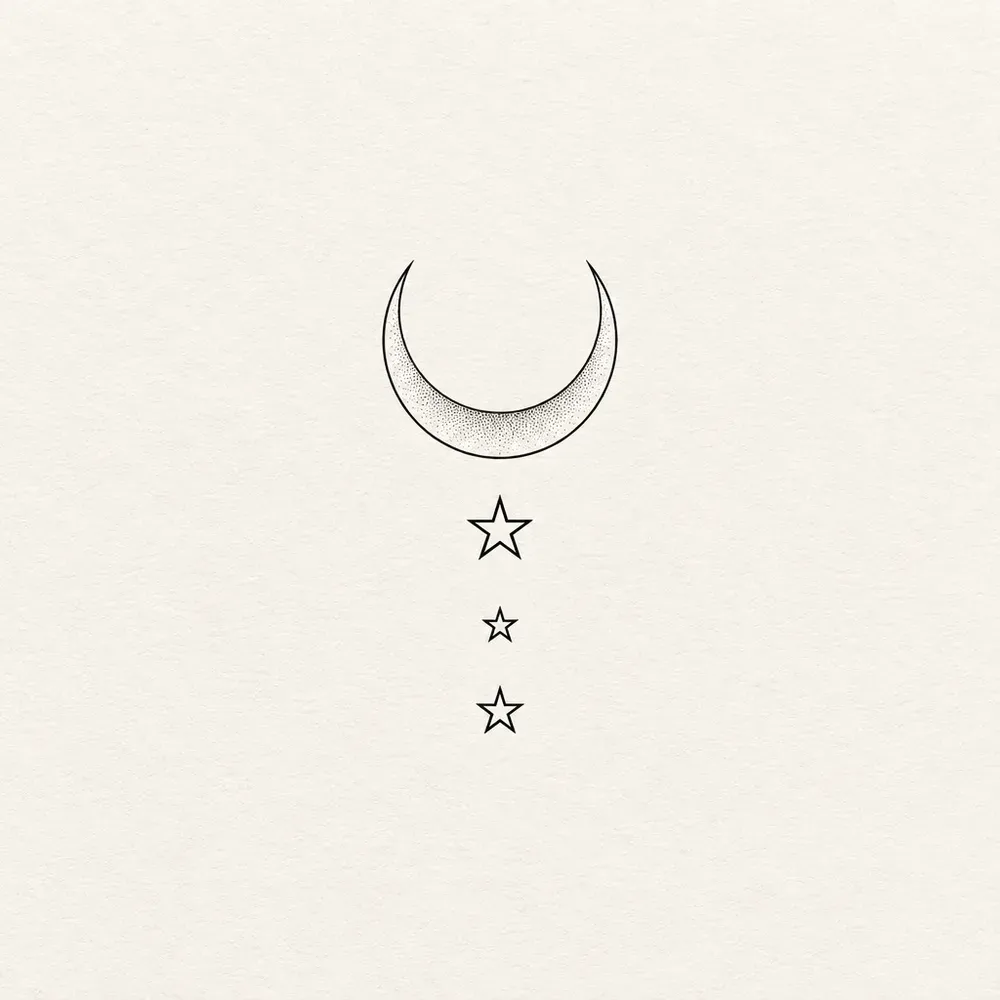A crescent moon with stipple shading along its inner edge, and three open five-pointed stars of different sizes in a vertical line beneath it.