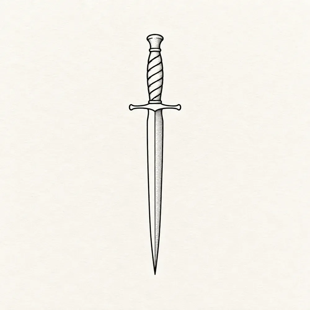 A slim dagger pointing down, a plain tapering blade with stipple along one side, a small crossguard and a spiral-wrapped handle.