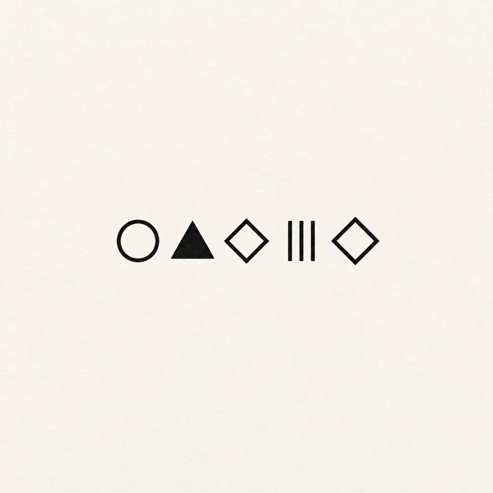 Five plain shapes in a horizontal row: an open circle, a solid triangle, a small open diamond, three short vertical bars and a larger open diamond.