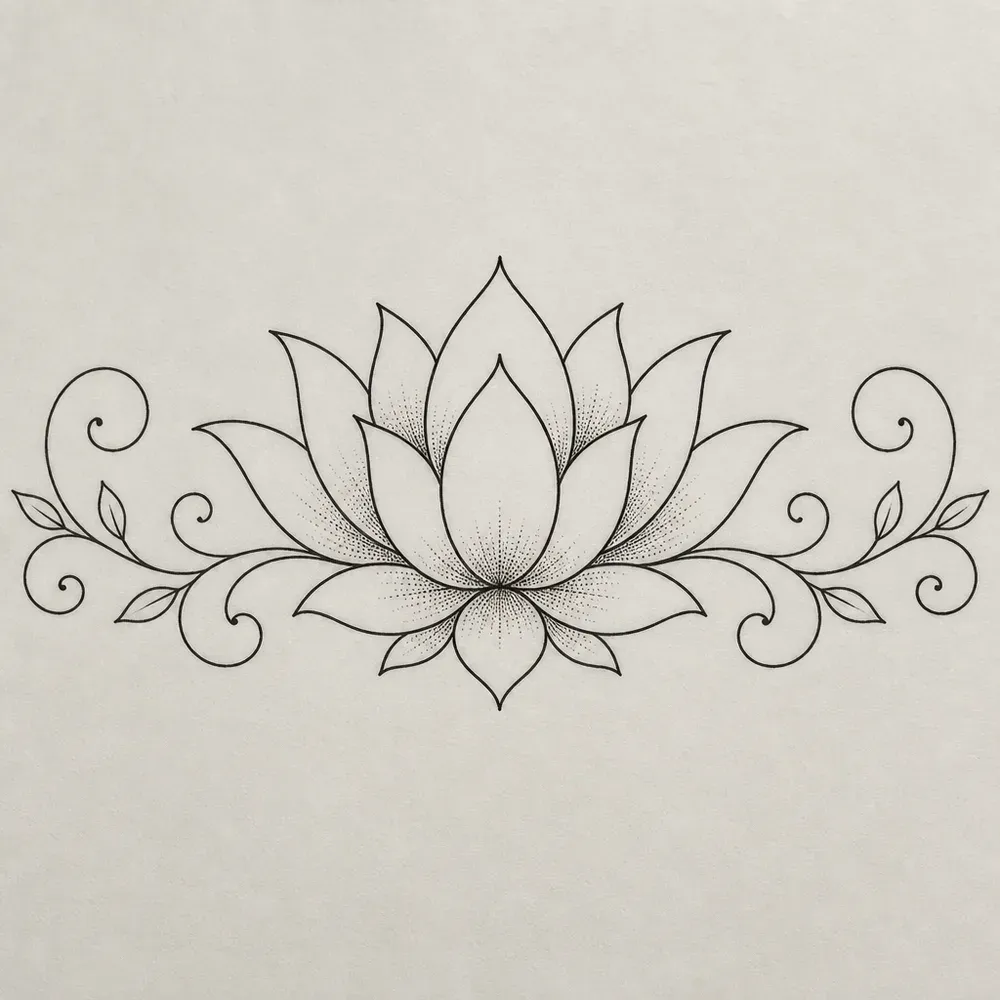 A wide, low lotus in fine black line, layered pointed petals with light stipple at their bases and a curling leafed vine scroll out to each side.