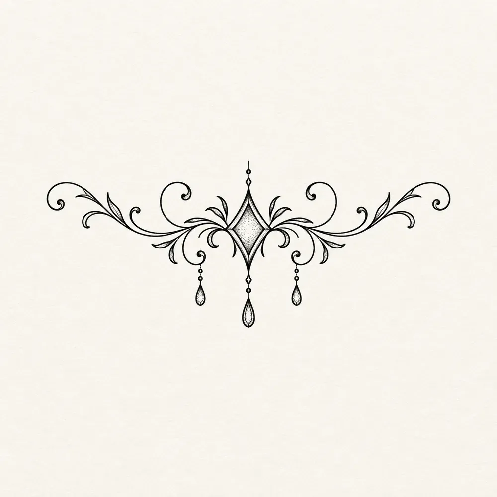 A symmetrical ornament wider than it is tall: a stippled four-pointed centre with scrolling leafed tendrils curling out to each side and three teardrops hanging beneath.