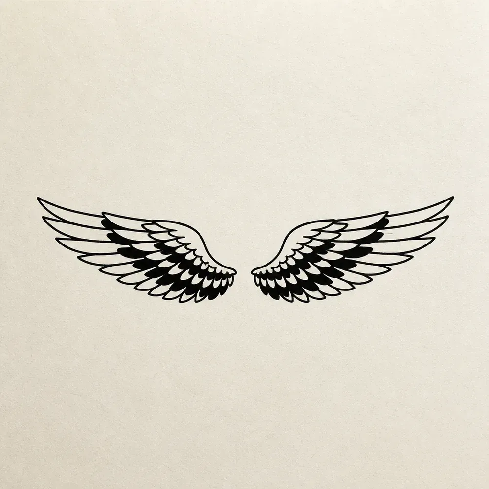 A pair of mirrored feathered wings spreading out from a small central gap, bold black outline with the inner rows of feathers filled solid black.