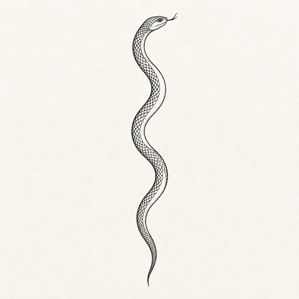 A slender snake in a tall narrow column, its body making three easy curves, scales drawn as fine cross-hatching, head at the top with the tongue out.