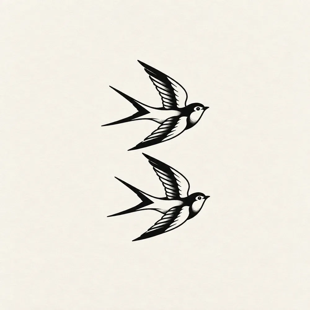 Two swallows in flight, one above the other and both angled the same way, drawn in bold traditional style with solid black wing tips and forked tails.