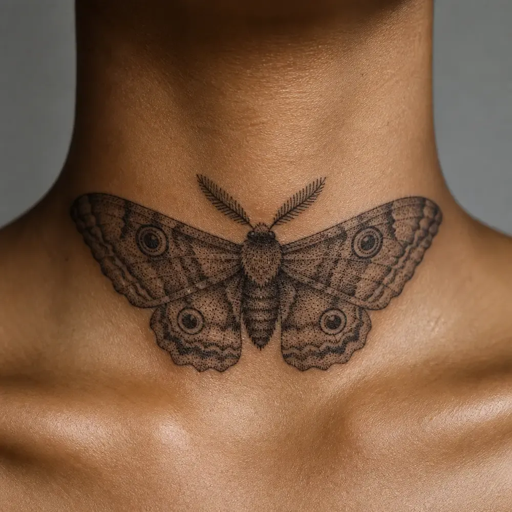 The dotwork moth tattooed across the lower front of the throat, wings reaching toward each side of the neck, on warm brown Filipino skin, cropped below the jaw.
