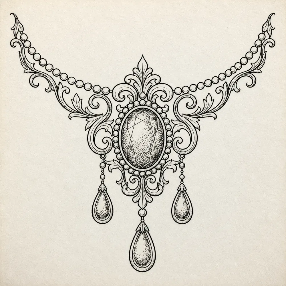 A necklace-like ornament in black line: a curved swag of beads and filigree scrolls, a stippled oval stone at the centre and three teardrops below.