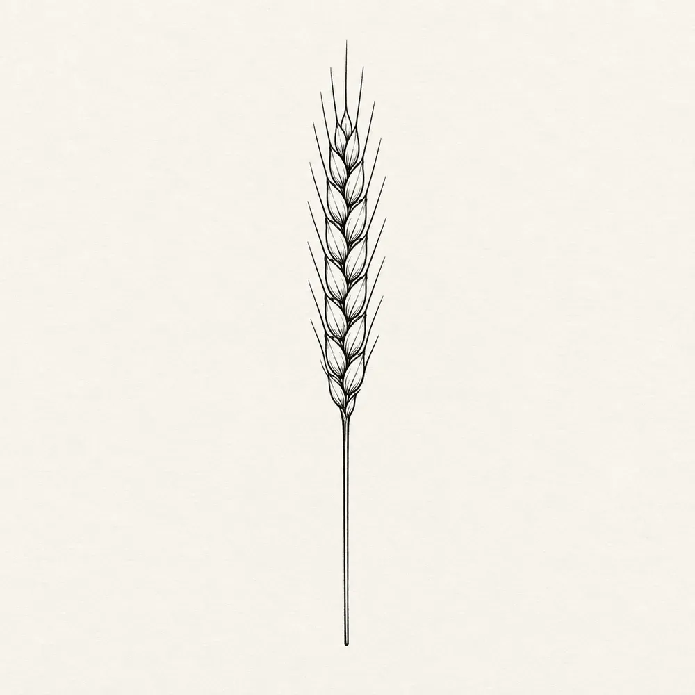 A single upright stalk of wheat, paired grains up the top third with a fine awn rising from each, and a long plain stem below.