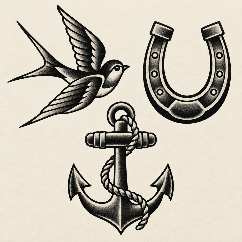A swallow, a horseshoe and an anchor drawn in bold traditional style with heavy black shading.