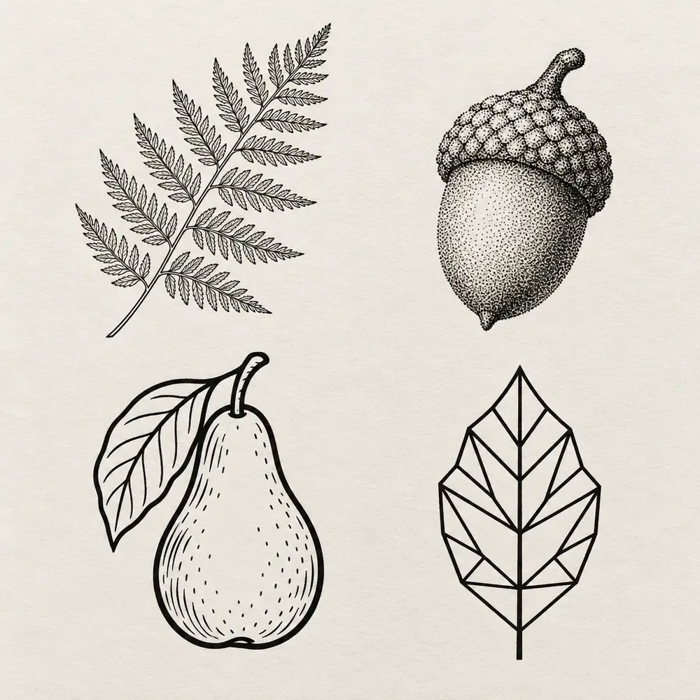 Four botanical motifs in four different styles: a fine-line fern, a stippled acorn, a bold-outline pear and a geometric leaf.