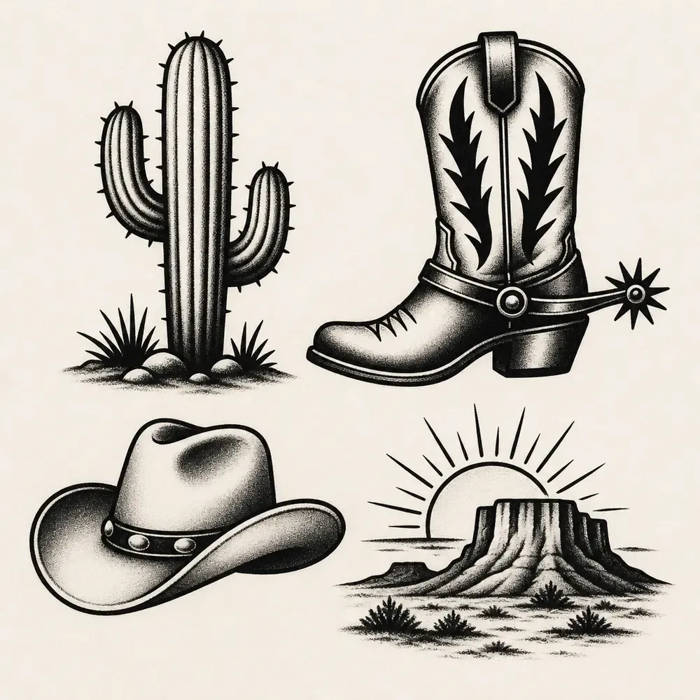 A saguaro cactus, a cowboy boot with a spur, a cowboy hat and a sun setting behind a flat-topped mesa, in black with stippled shading.