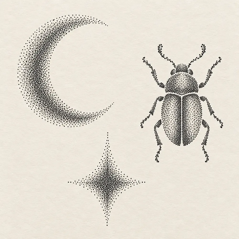 A crescent, a beetle and a four-pointed star, all built from stippled dots with no outlines.