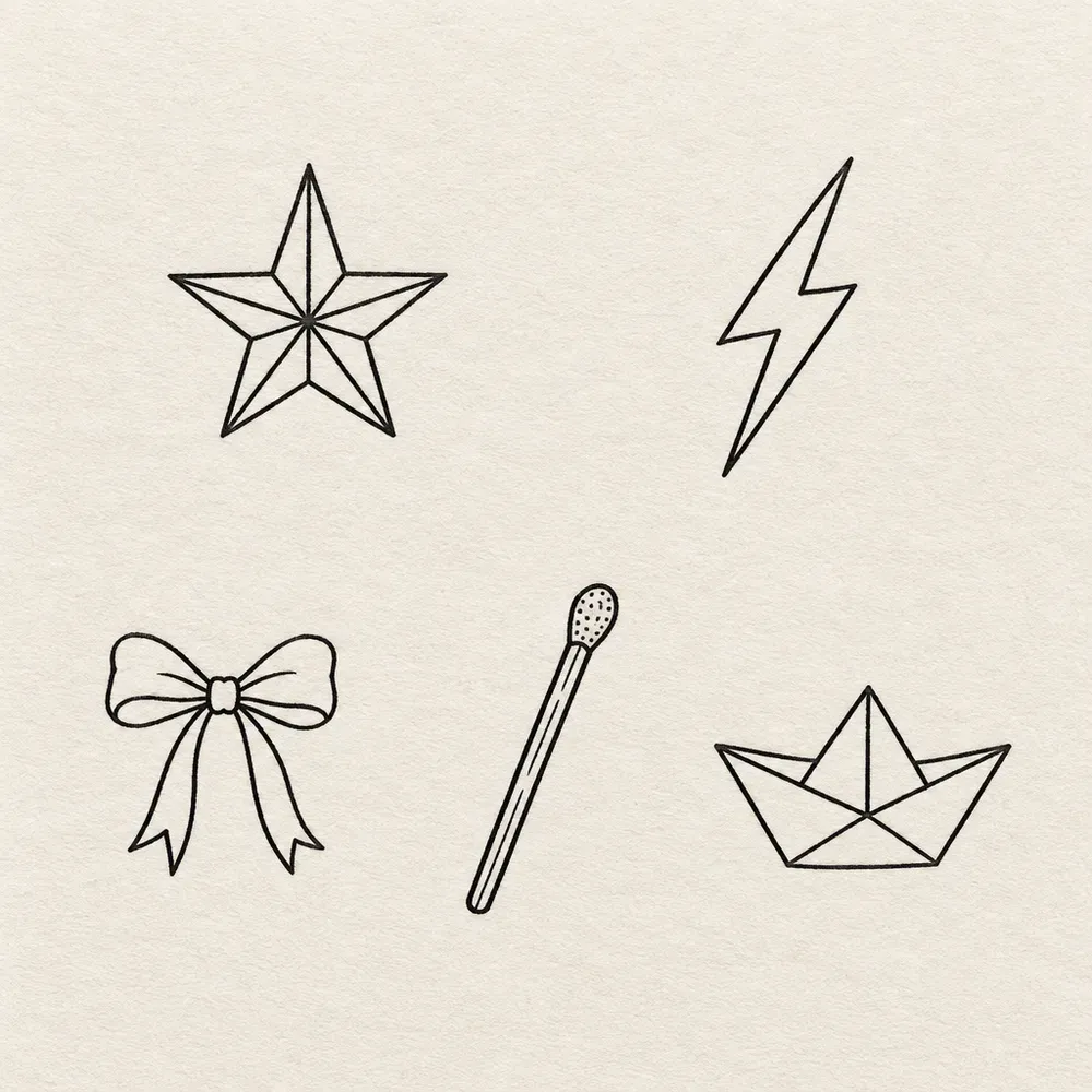 Five small motifs for filling gaps: a star, a lightning bolt, a bow, a match and a paper boat.