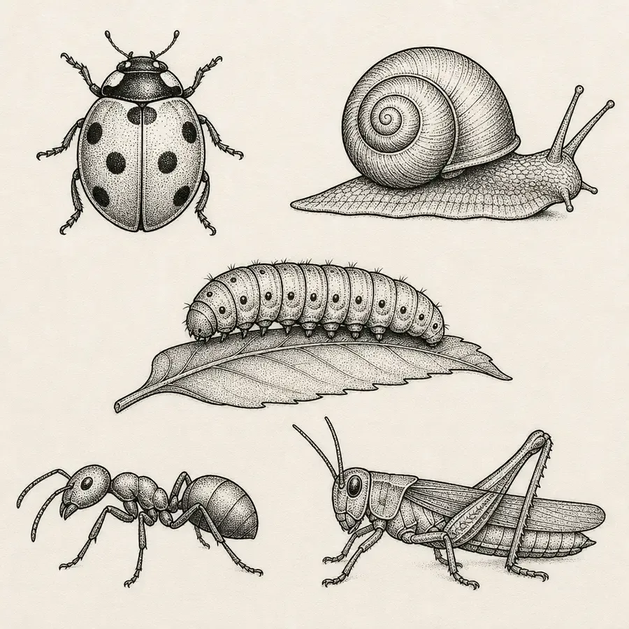 A spotted ladybird, a snail, a caterpillar on a leaf, an ant and a grasshopper, five separate fine-line pieces with stippled shading.