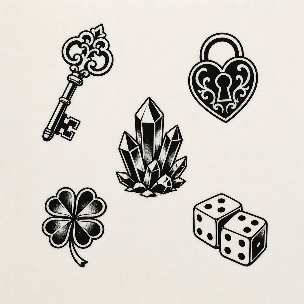 An ornate skeleton key, a heart-shaped padlock, a crystal cluster, a four-leaf clover and a pair of dice, each a separate bold black piece.