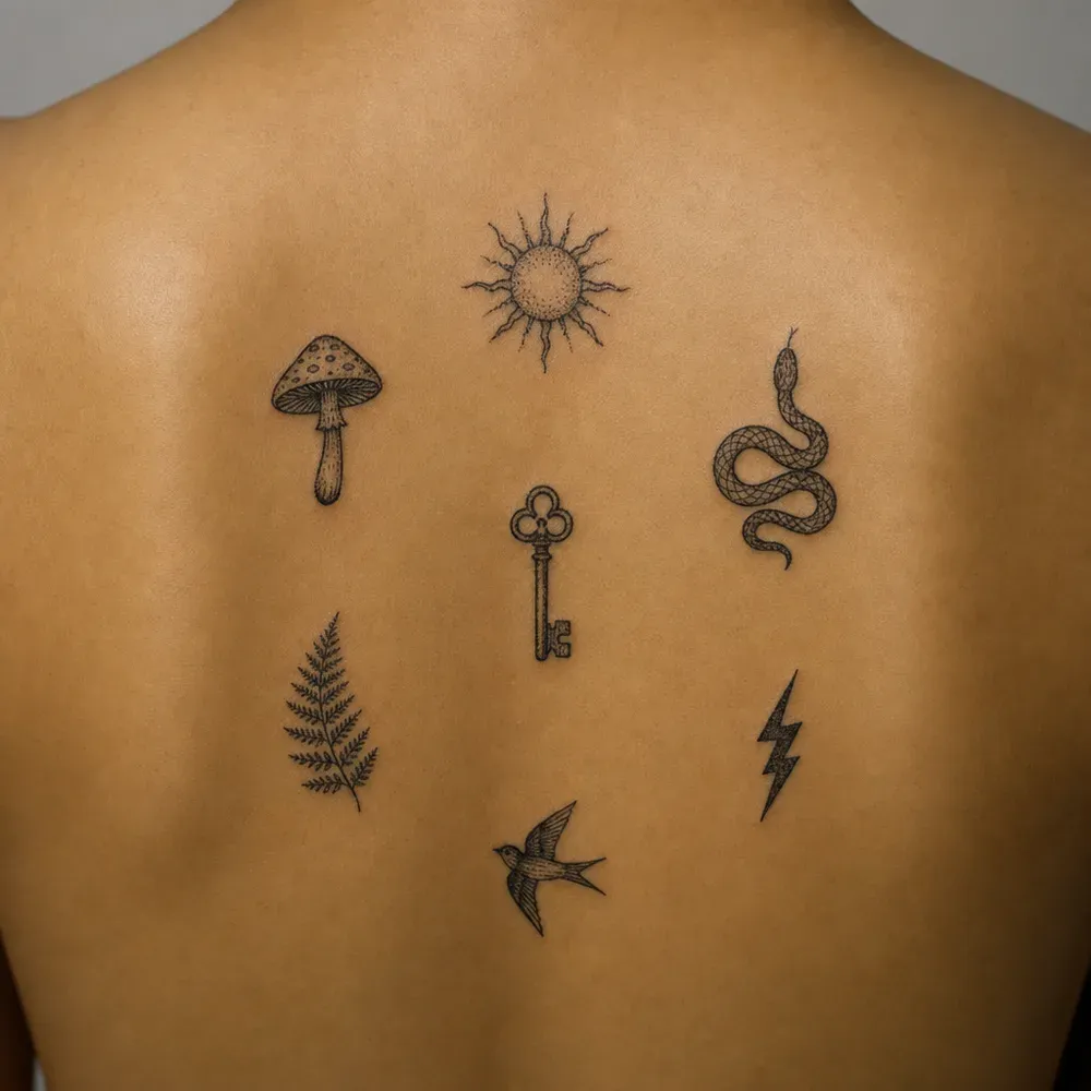 Seven small tattoos scattered across an upper back: a sun, a mushroom, a snake, a key, a fern, a lightning bolt and a swallow, on olive skin.