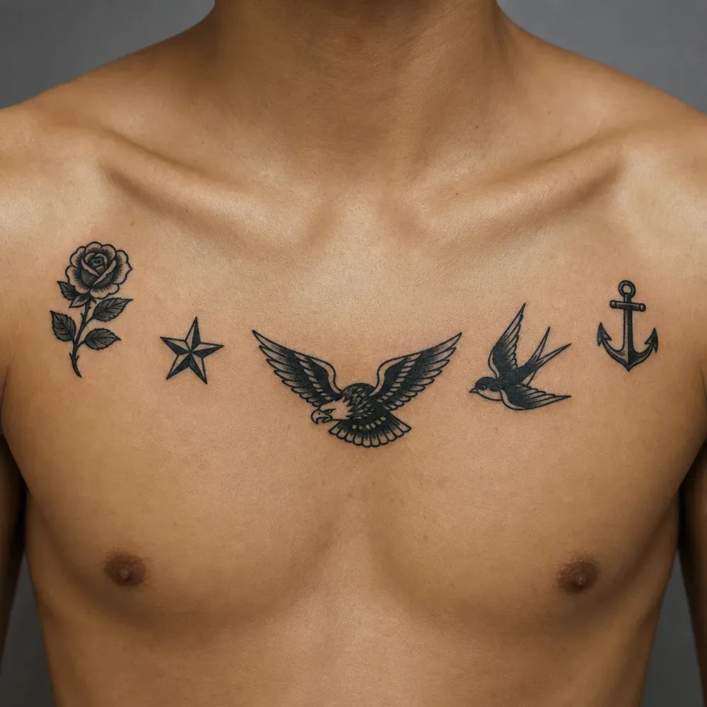 Five bold traditional tattoos in a row across a man's upper chest, a rose, a star, an eagle, a swallow and an anchor, on light morena skin.