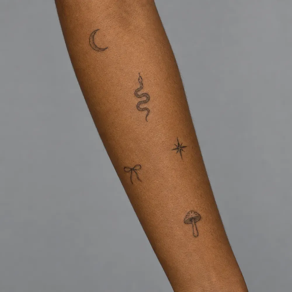 Five small separate tattoos scattered down a forearm with bare skin between them, on warm brown skin.