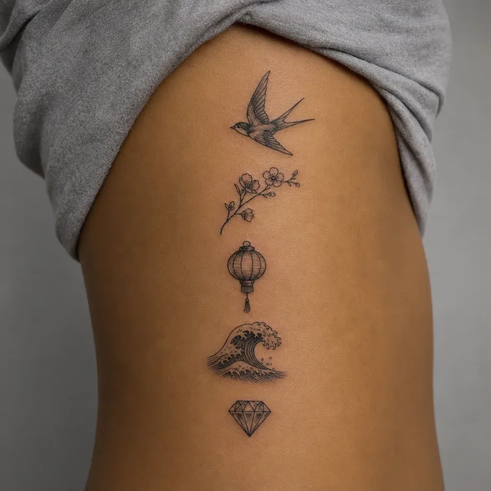 Five small tattoos stacked down the side of the ribs, a swallow, a blossom sprig, a lantern, a wave and a diamond, on medium brown skin.