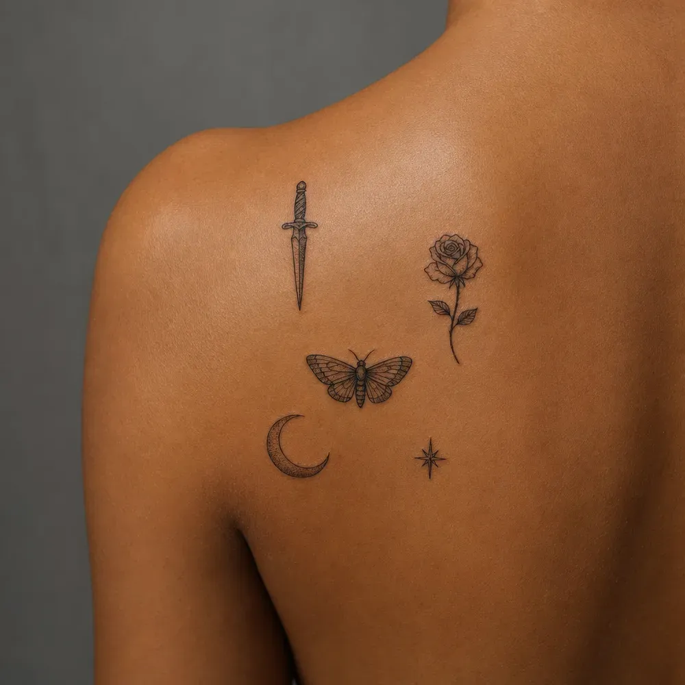 Five small tattoos on the back of a shoulder blade, a dagger, a rose, a moth, a crescent and a star, with bare skin between, on warm brown skin.