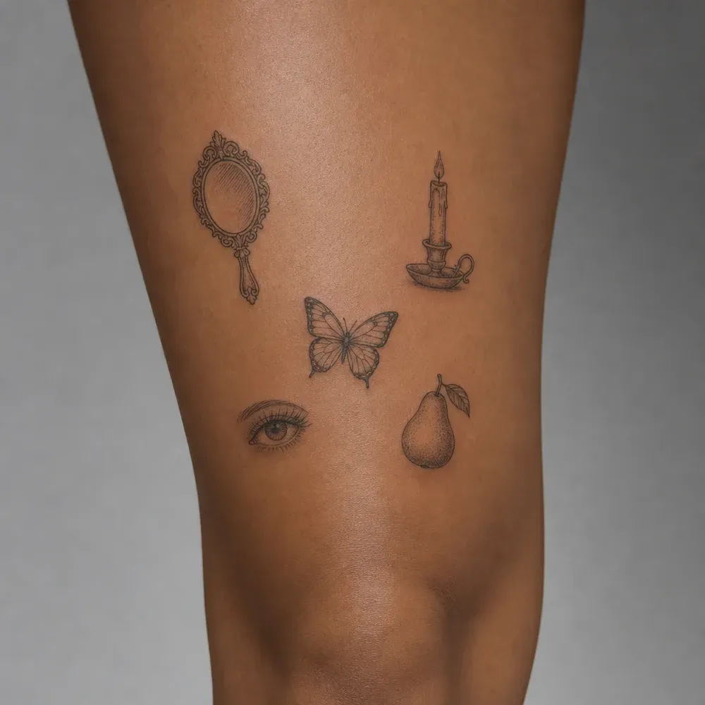 Five small tattoos, a mirror, candle, butterfly, eye and pear, on a thigh above the knee, on warm brown Filipino skin.