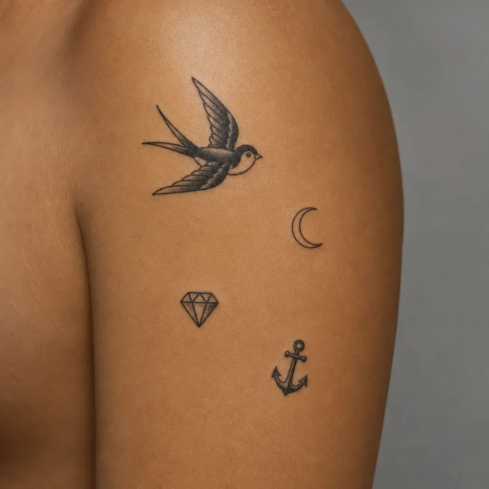 Four small tattoos in deliberately mismatched styles on an upper arm, on medium brown skin.