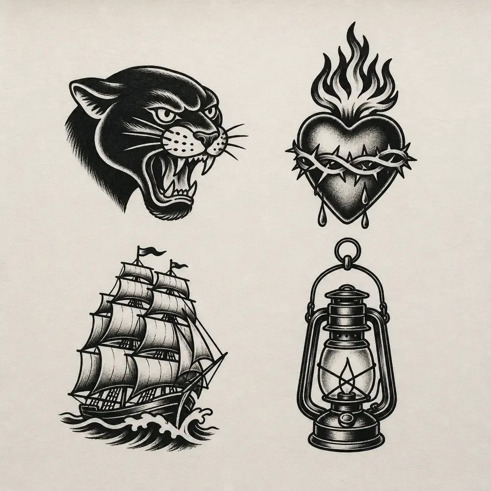 A snarling panther head, a flaming heart bound in thorns, a tall ship on waves and a hanging oil lantern, in bold traditional black.