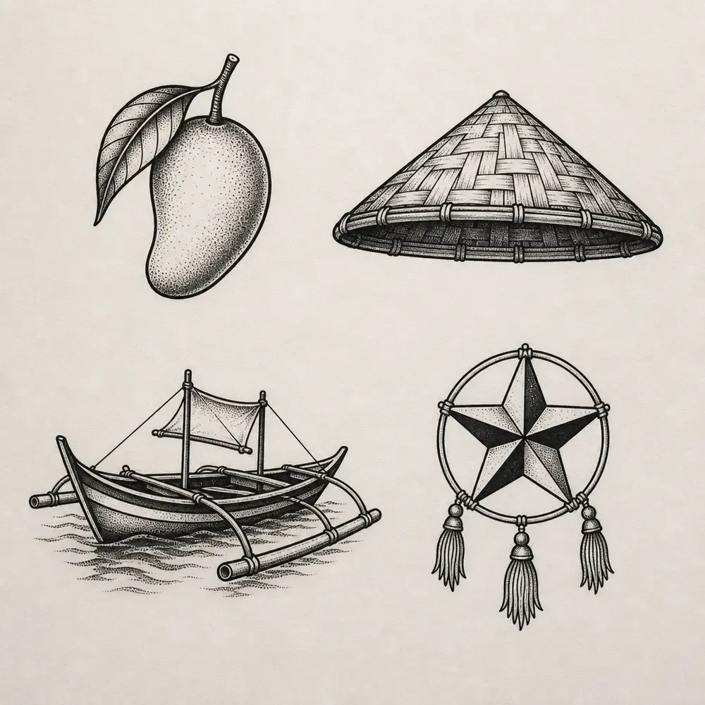 A mango on a leafy stem, a woven salakot, an outrigger bangka on water and a star parol with three tassels, all in stippled black.