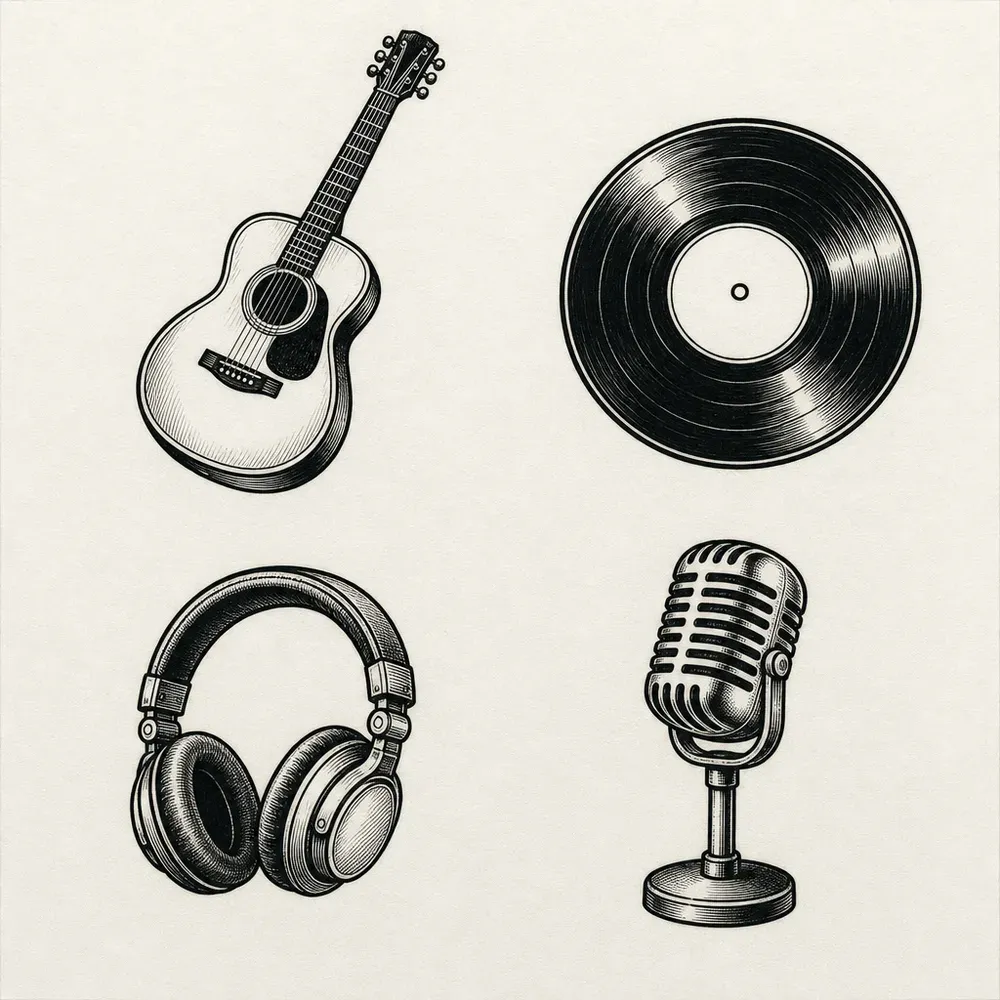 An acoustic guitar, a vinyl record, a pair of over-ear headphones and a vintage microphone, four separate pieces with shaded black detail.