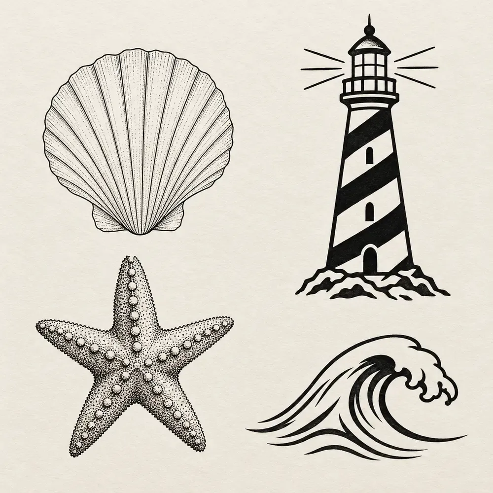 A fine-line shell, a bold lighthouse, a stippled starfish and a breaking wave.