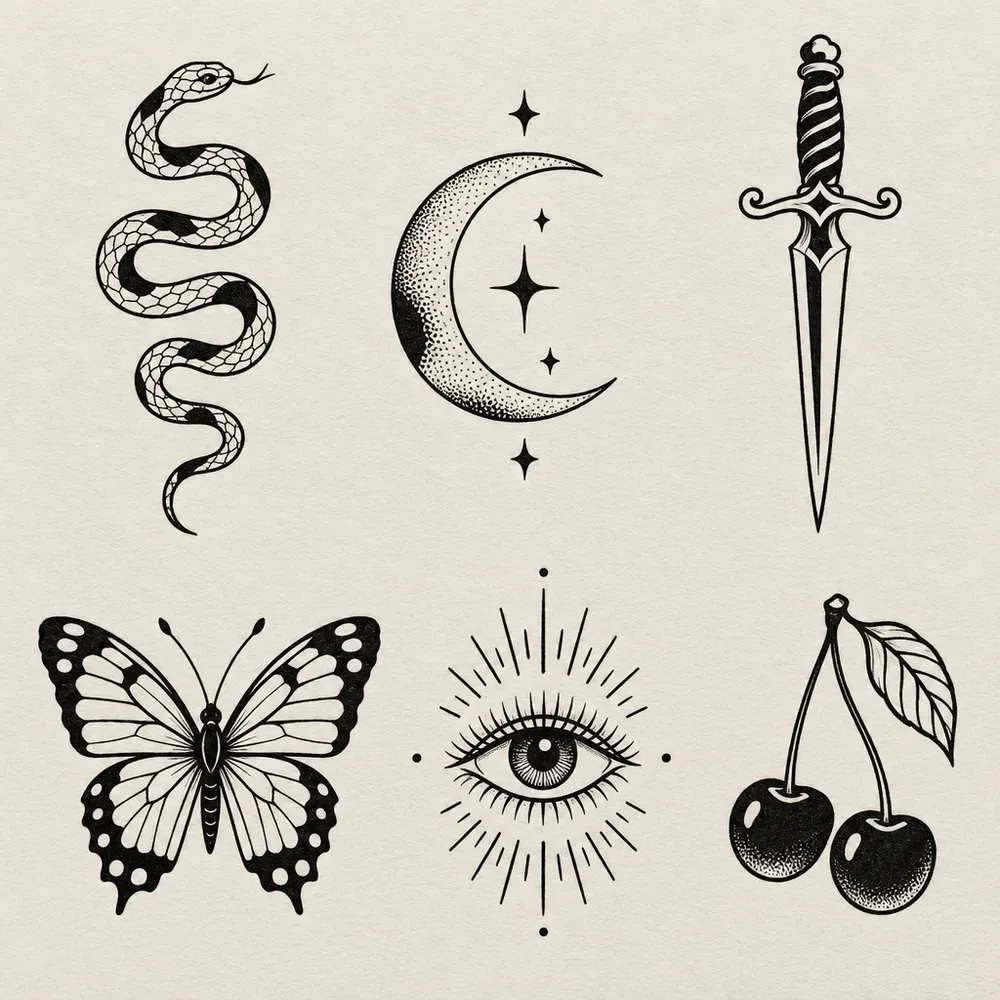 Six unrelated motifs on one sheet: a snake, a crescent with stars, a dagger, a butterfly, an eye and a pair of cherries.