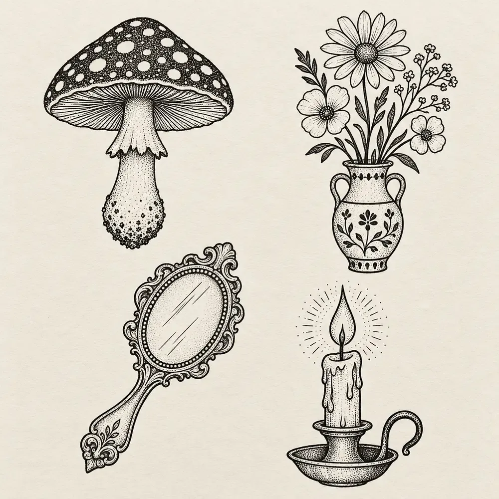 A spotted mushroom, a vase of flowers, a hand mirror and a lit candle, each drawn in a different weight.