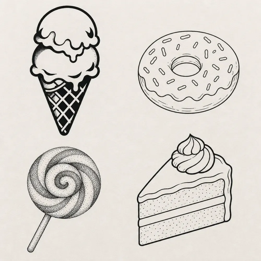 A two-scoop ice cream cone, a sprinkled doughnut, a swirl lollipop and a slice of cake topped with cream, each in a different line weight.