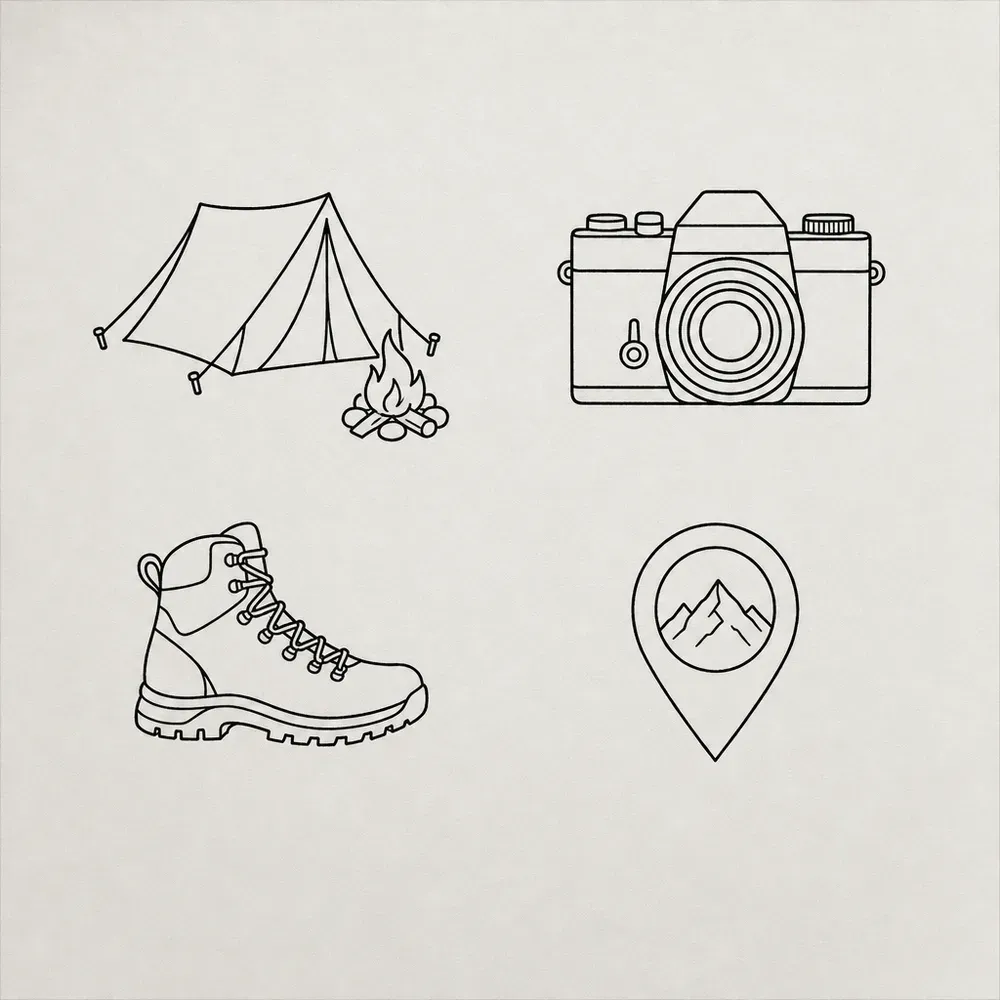 A tent beside a small campfire, a camera, a hiking boot and a map pin with mountains inside, all in clean fine black outline.