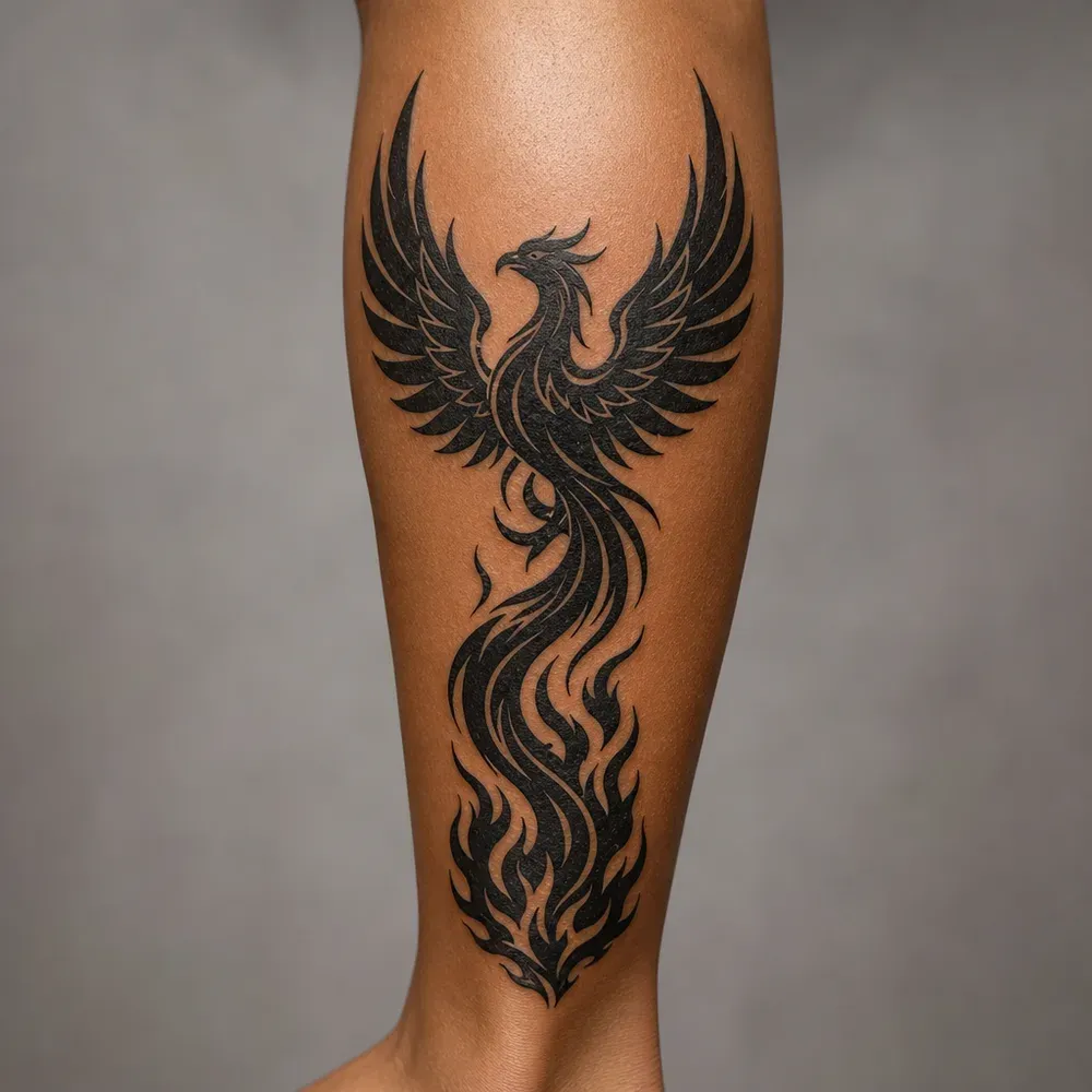A heavy blackwork phoenix with raised wings and an S-shaped tail sinking into black flames, tattooed down the back of the calf on medium brown skin.