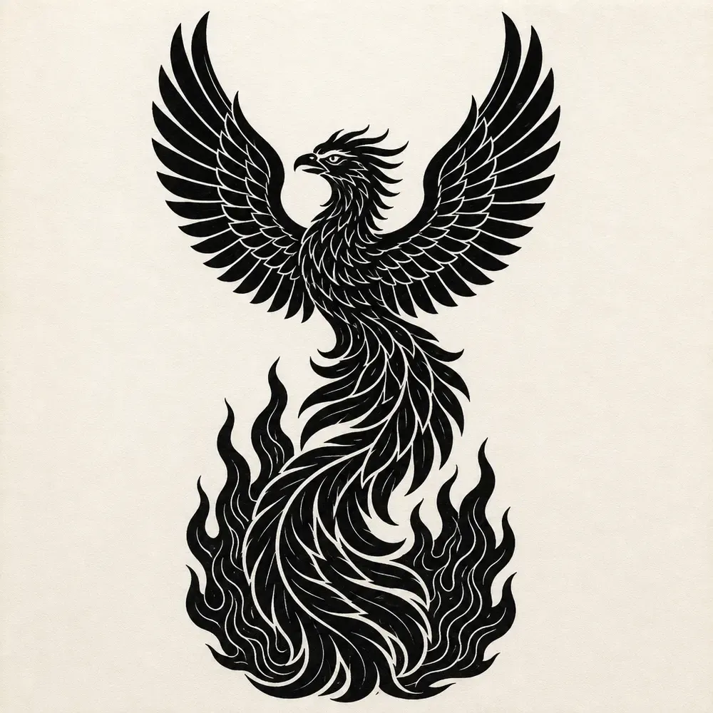 A heavy blackwork phoenix rising with wings raised, solid black feathers split by thin pale gaps and an S-shaped tail sinking into black flames.