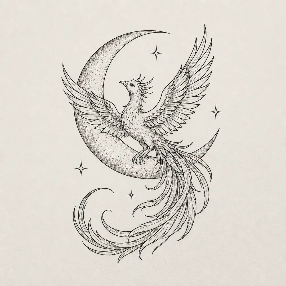A phoenix with raised wings in front of a stippled crescent moon, its long tail sweeping below among four small pointed stars.