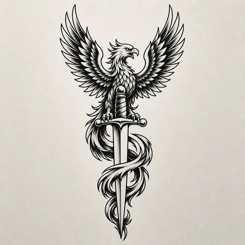 A phoenix with wings spread perched on the crossguard of a dagger pointing down, its tail feathers spiralling around the blade.