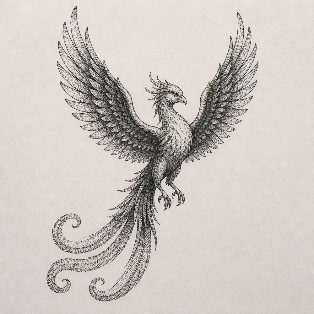 A phoenix with wings raised in a wide V, shaded in black stippled dots, trailing a long tail of three plumes that curl at the ends.